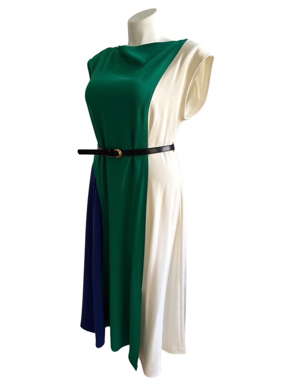 Donna Karan NWT $159 Colorblock Green Blue Ivory Belted Midi Dress Size 14 - Picture 7 of 10